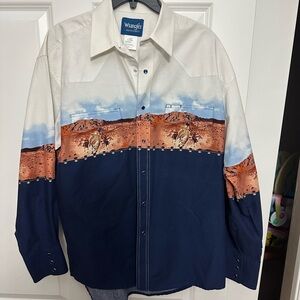 Wrangler Cowboy Scene Western Shirt - Blue and Brown